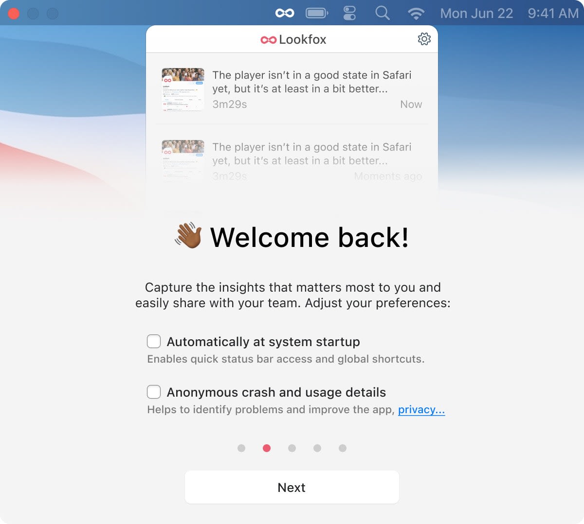 Welcome back window listing recent recordings in native macOS styling